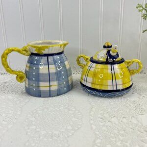 Blue Sky Sugar Bowl & Creamer Set With Spoon By Heather Goldminc Country Ceramic